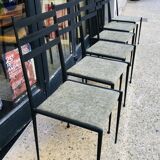 6 black metal chairs with green fabric, Italian design.