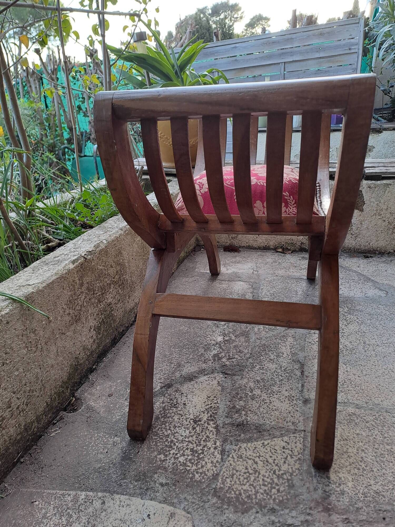 CURULE seat in antique Roman style, restored in teak wood and jacquard satin fabric