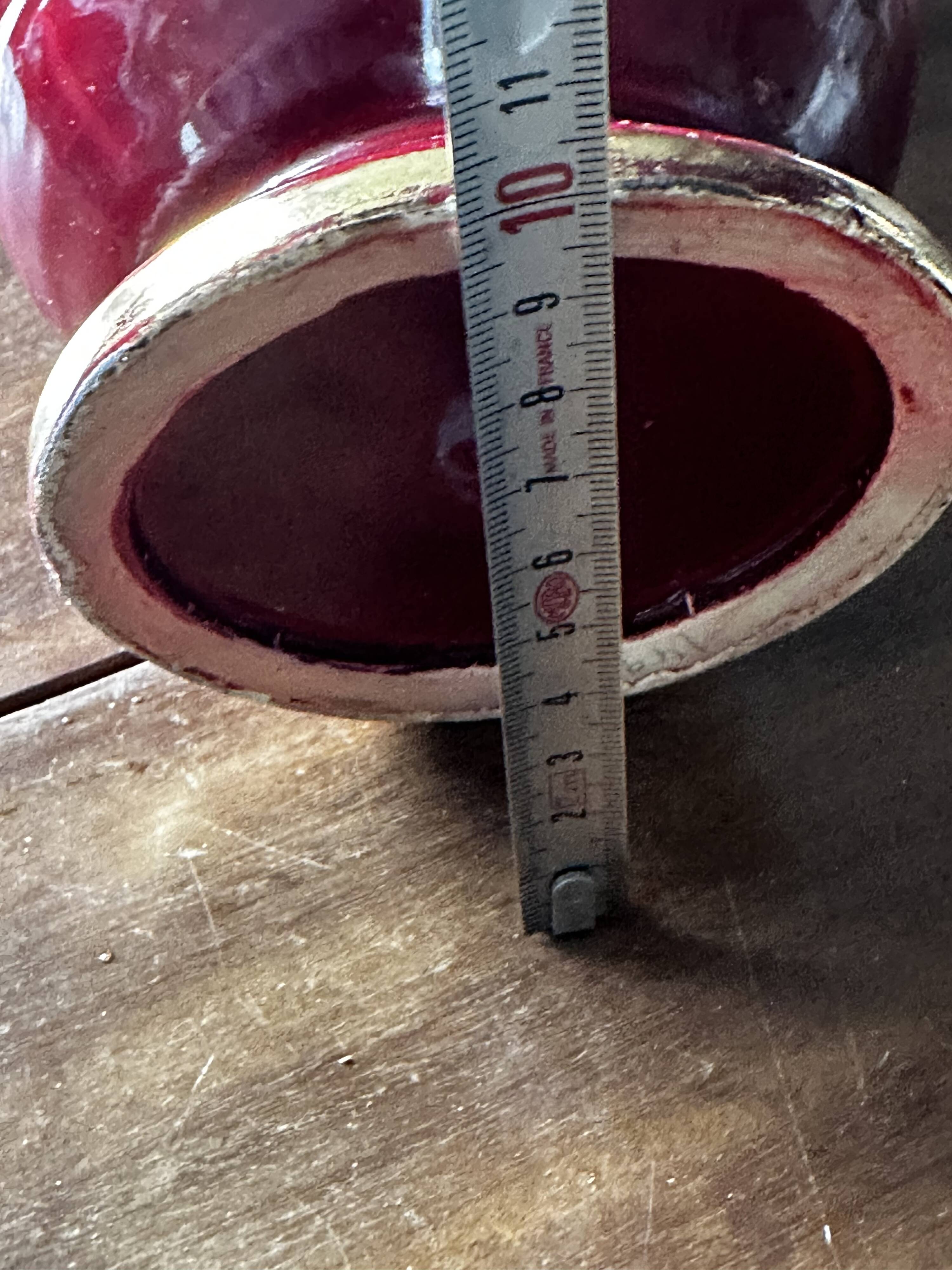Ringed ceramic vase from Louviers, red and gold, 1950s
