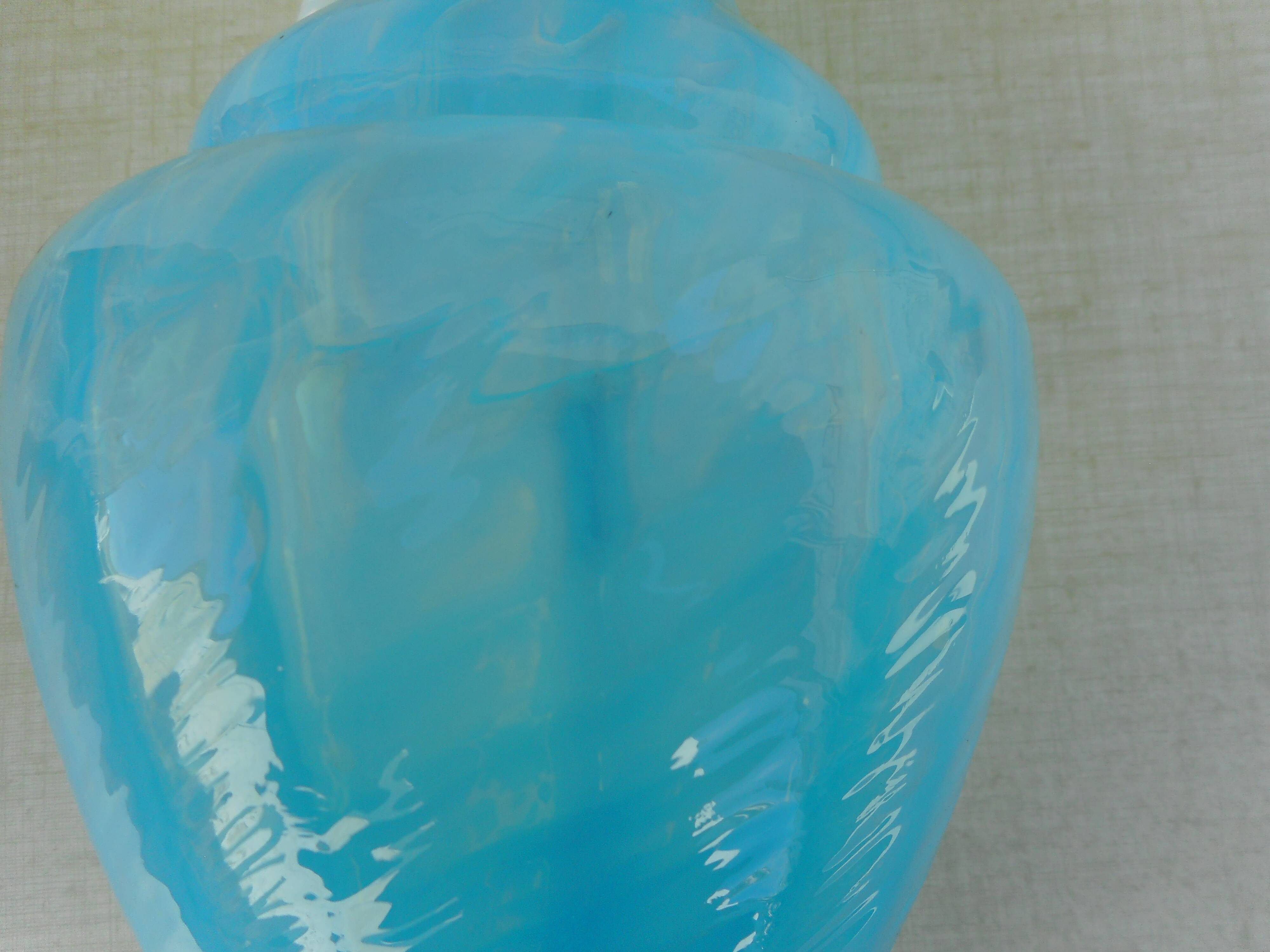 Blue and white opaline pitcher