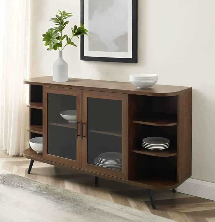 Buffet moderne à porte en verre cannelé avec extrémités incurvées et rangement