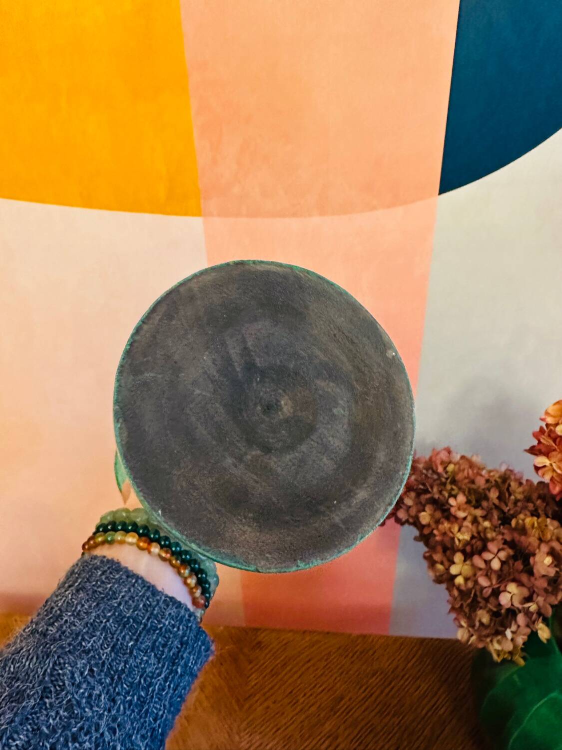 Vintage green wooden candle holder