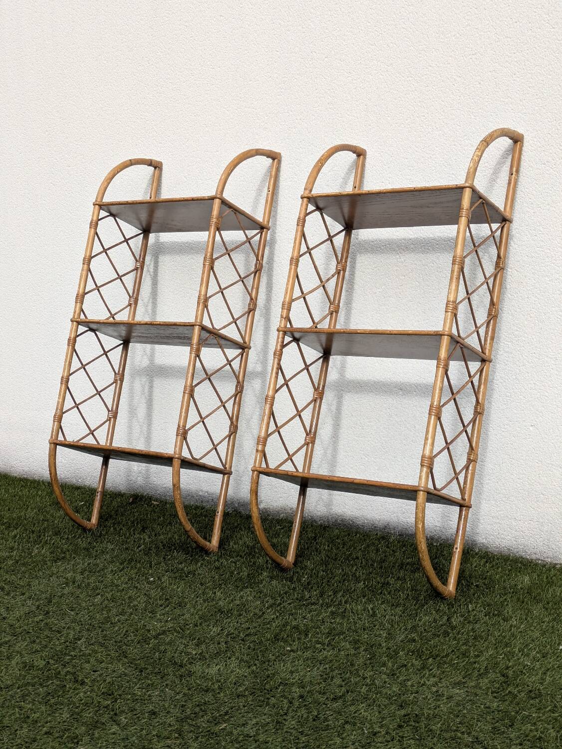 Pair of vintage bamboo and rattan wall shelves 1960