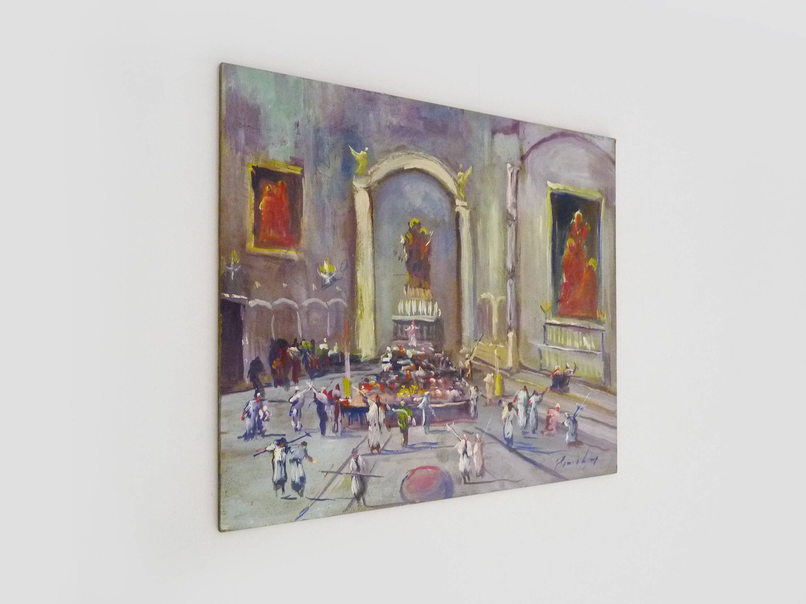 Oil on wood by Riccardo Capone Interior Church 50s 60s