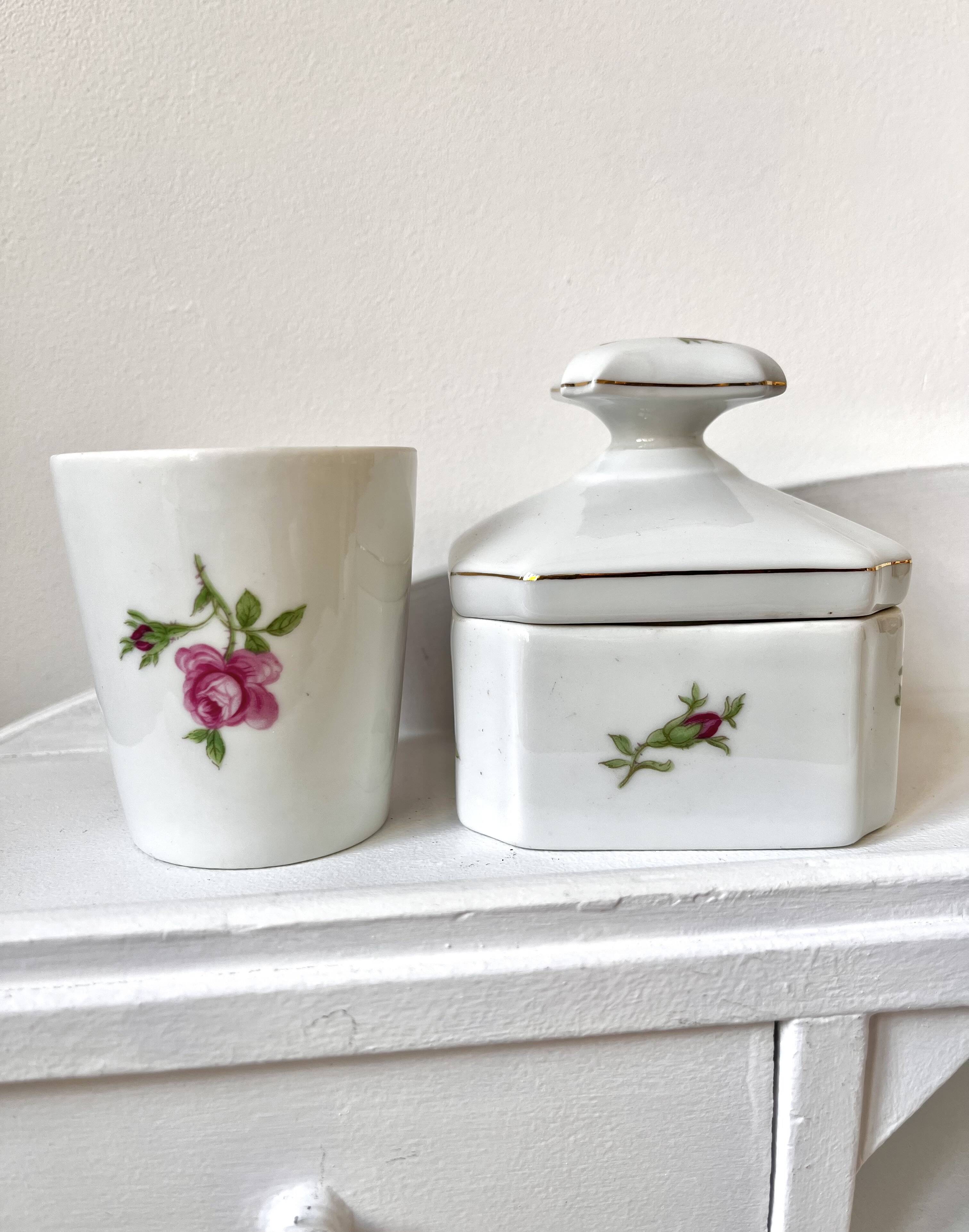 Limoges porcelain toiletry bottles decorated with roses