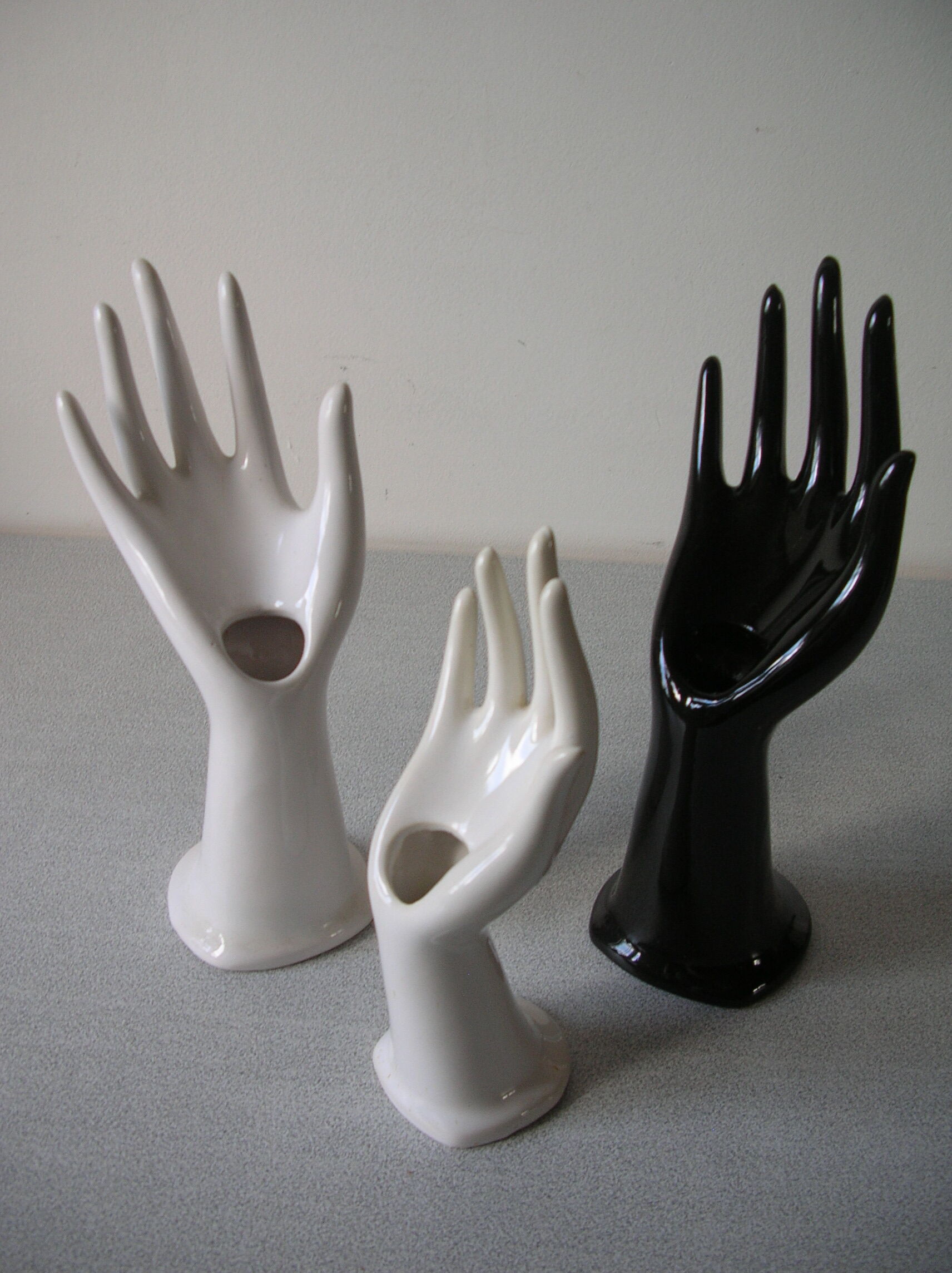 Set of 3 old 1970s ceramic hand-shaped soliflores
