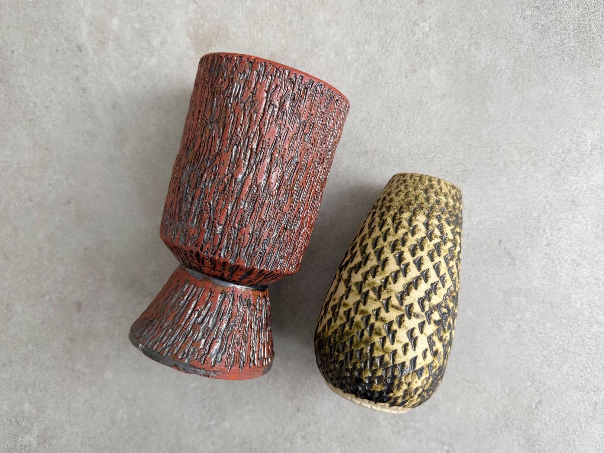 Set of 2 small vintage Dutch Chamotte ceramic vases