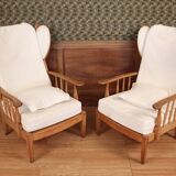 Pair of armchairs with ears of the 50s in oak