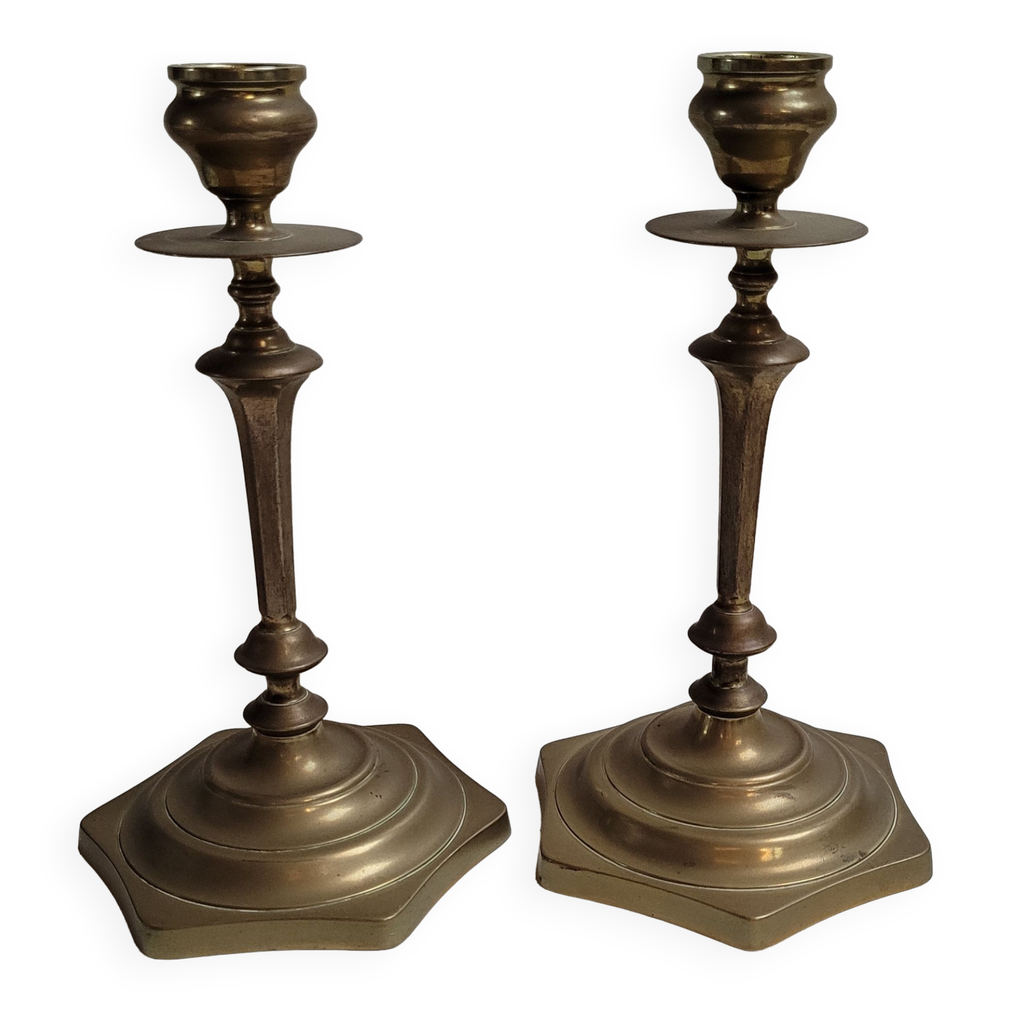 Pair brass candlesticks hexagon