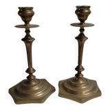 Pair brass candlesticks hexagon
