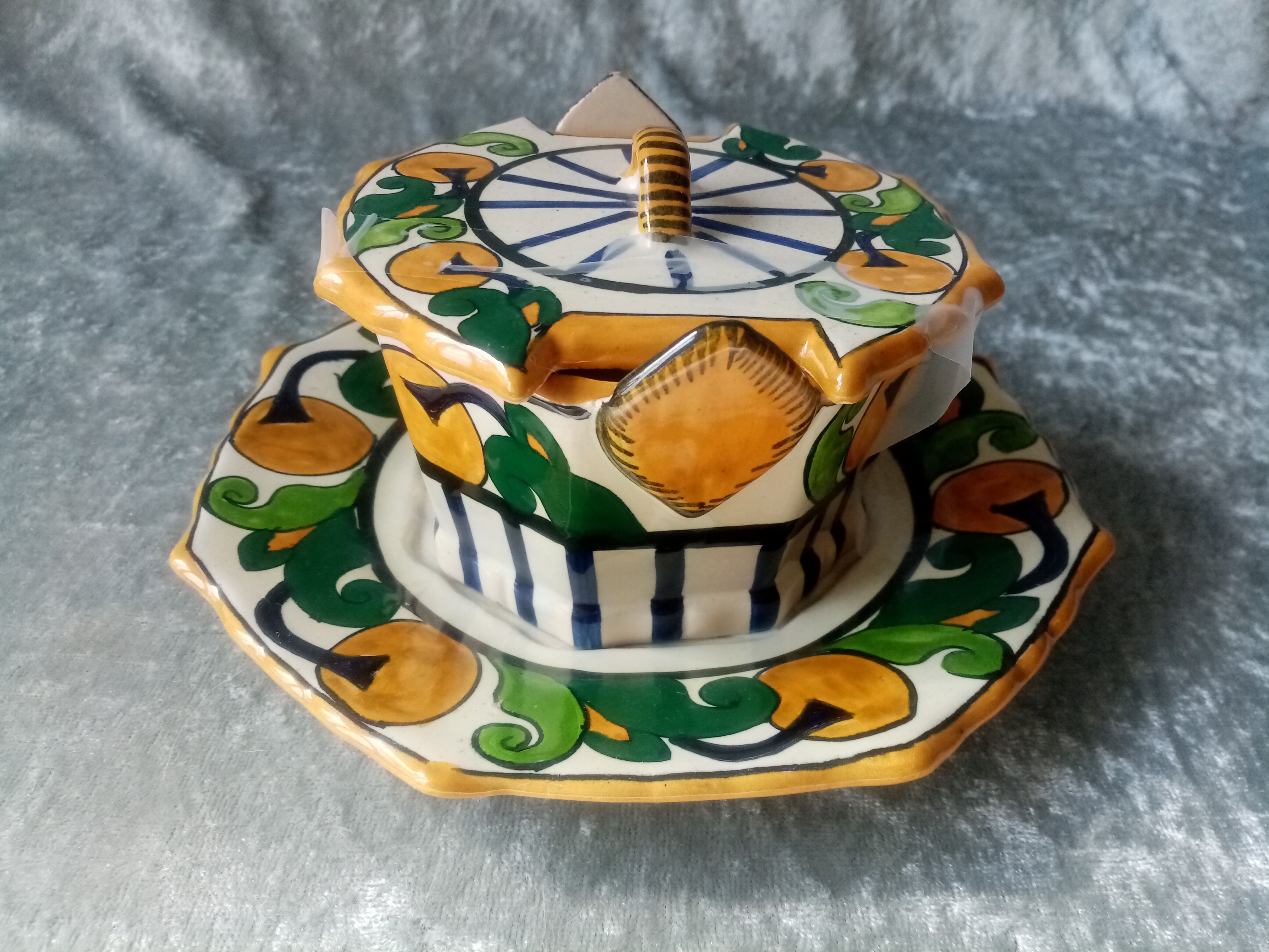 Old art deco butter dish in faience of quimper sign hb