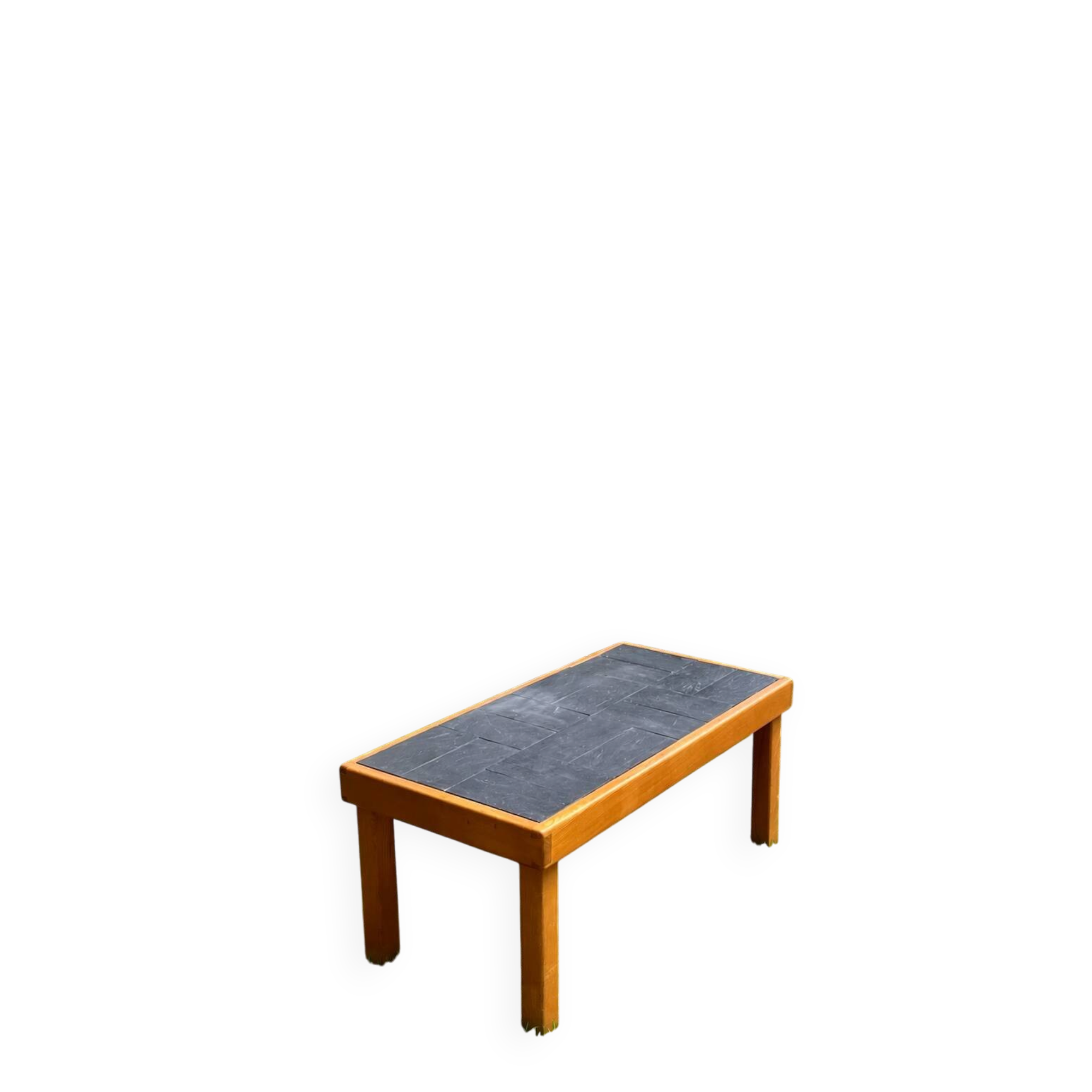 Vintage coffee table in solid wood and slate – 1970s – Modernist style