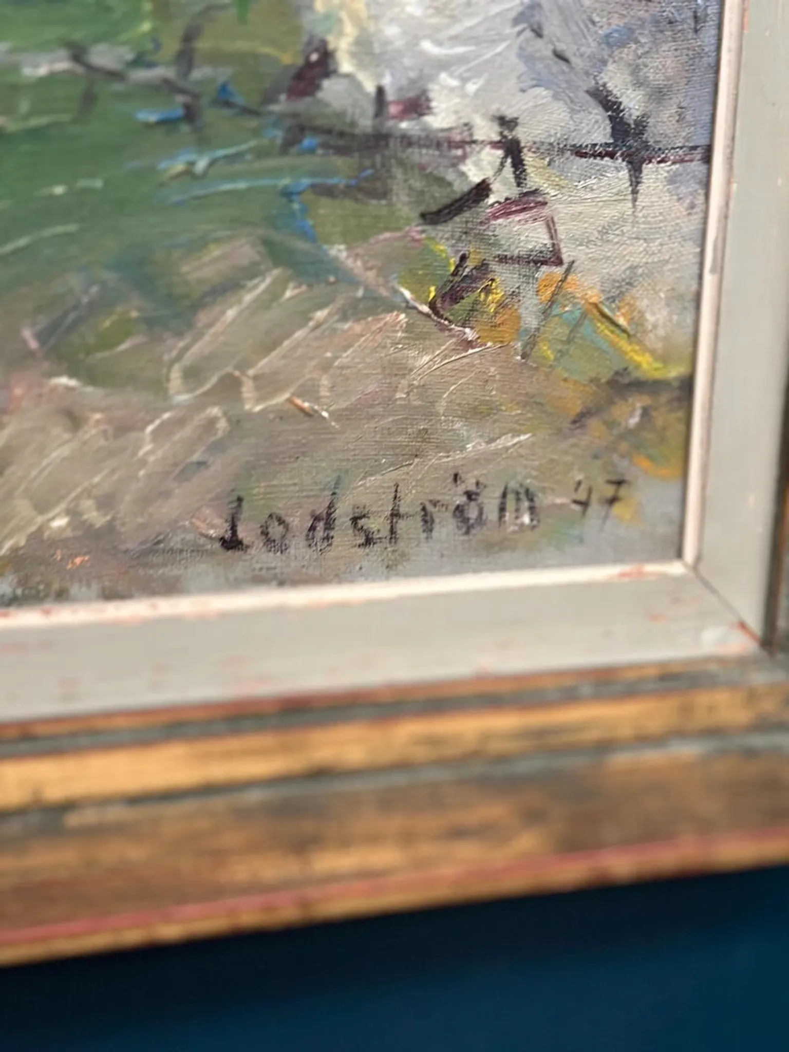 Original Swedish Oil on Canvas – "Coastal Scene with Horses" by Georg Lodström – Signed – 1947 – Framed – 77 × 66 cm