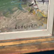 Original Swedish Oil on Canvas – "Coastal Scene with Horses" by Georg Lodström – Signed – 1947 – Framed – 77 × 66 cm