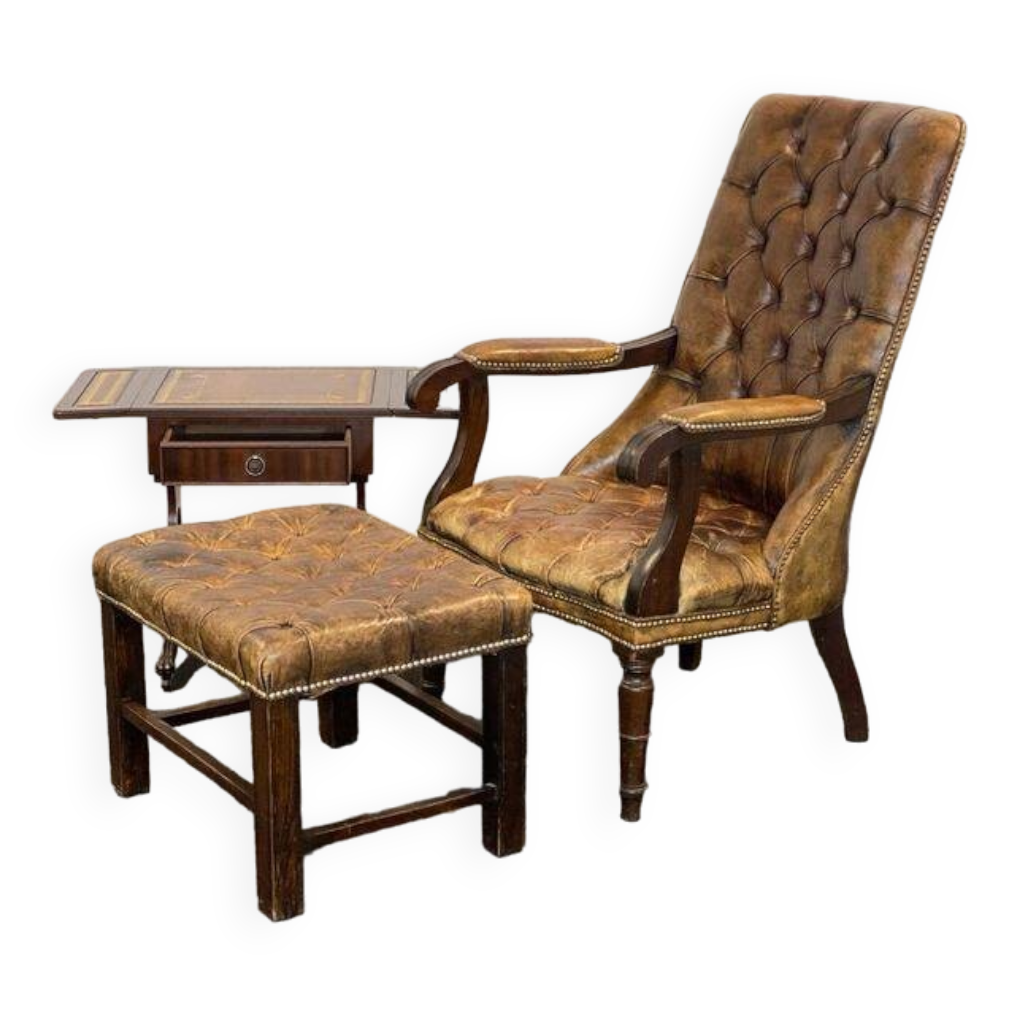 Antique Chesterfield Wing Chair with Stool and English Side Table