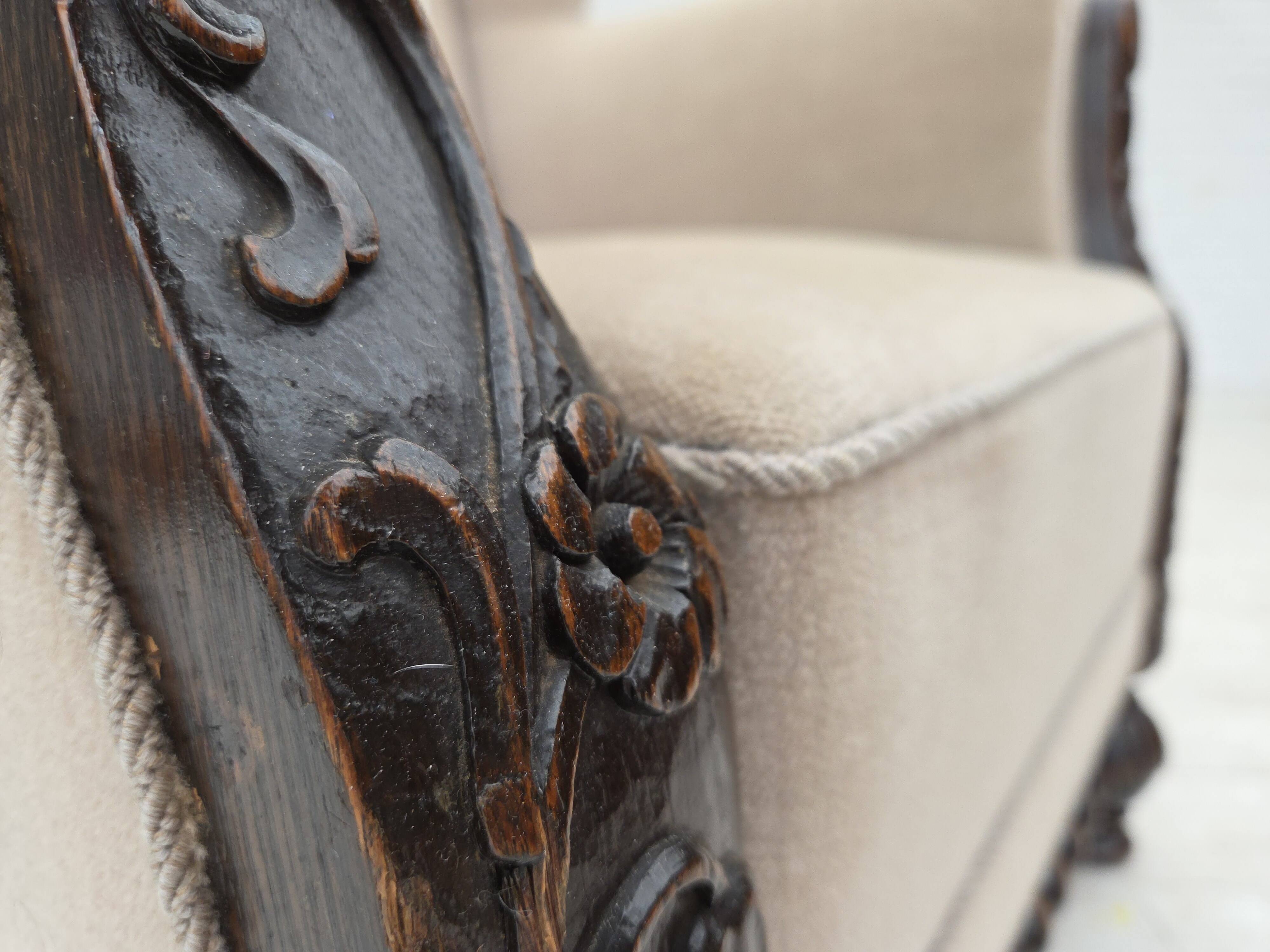 1960s, Danish wingback armchair, furniture velour, carved oak wood.