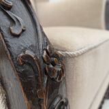 1960s, Danish wingback armchair, furniture velour, carved oak wood.