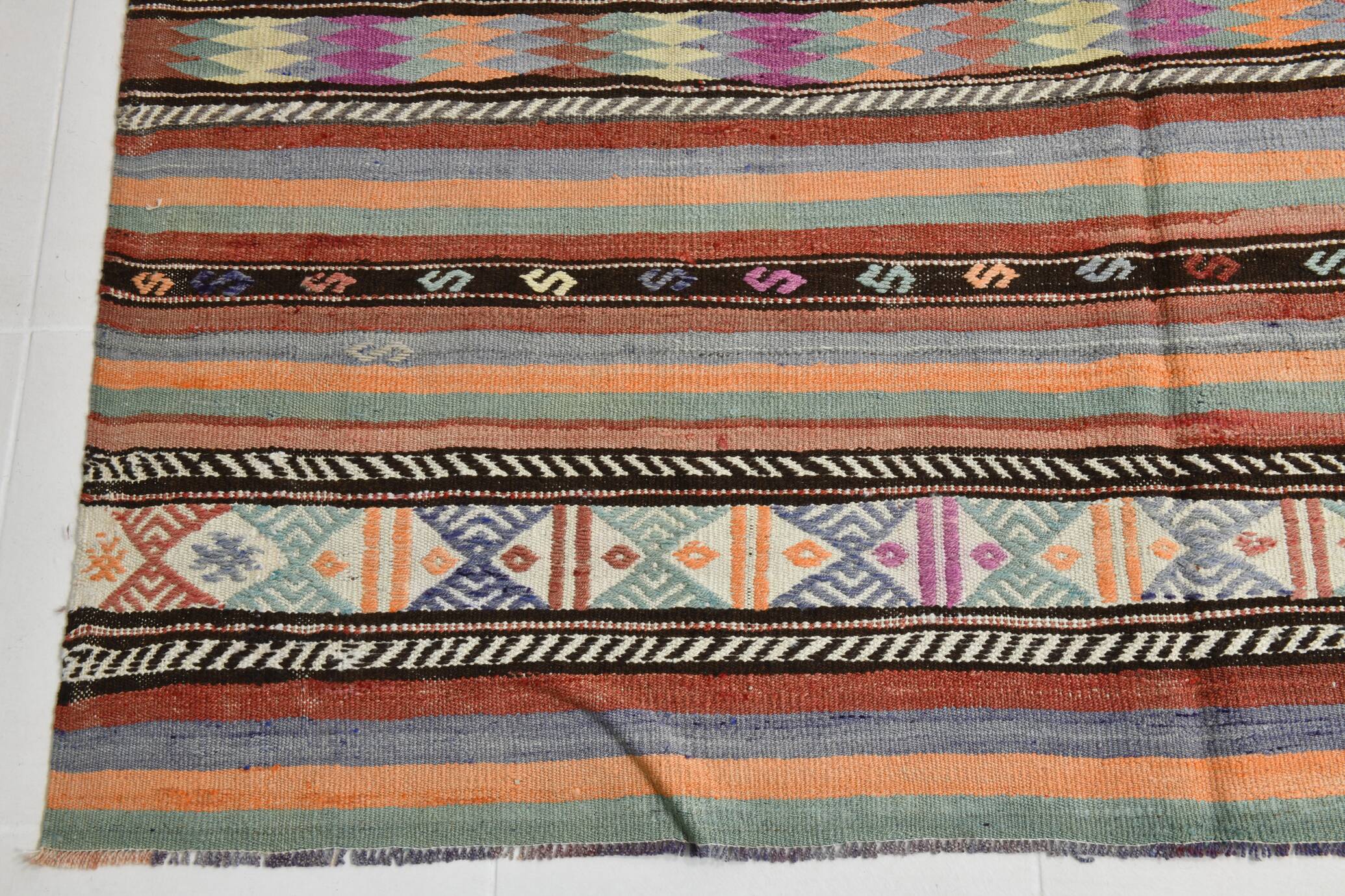 6x8 Ethnic Striped Green & Orange Kilim Rug, 176x230Cm