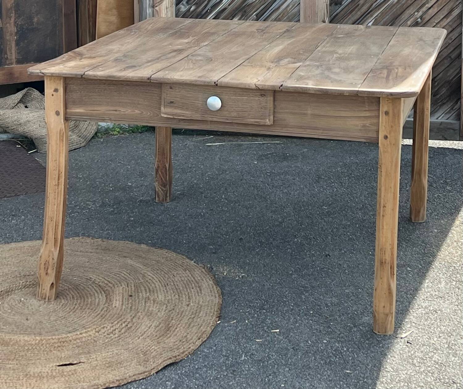 Large square antique farmhouse table in raw solid oak with 1 drawer.