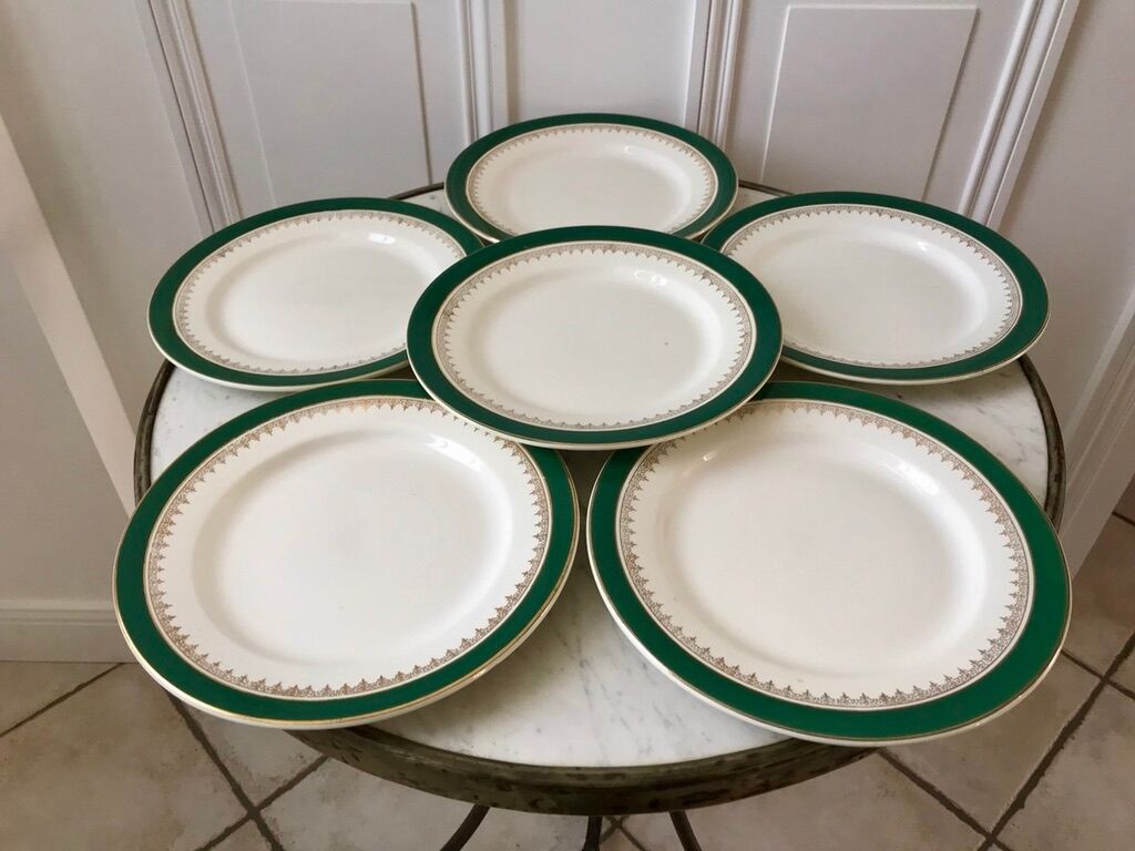 set of 6 flat plates Digoin Sarreguemines model "Martine" green and golden 50s
