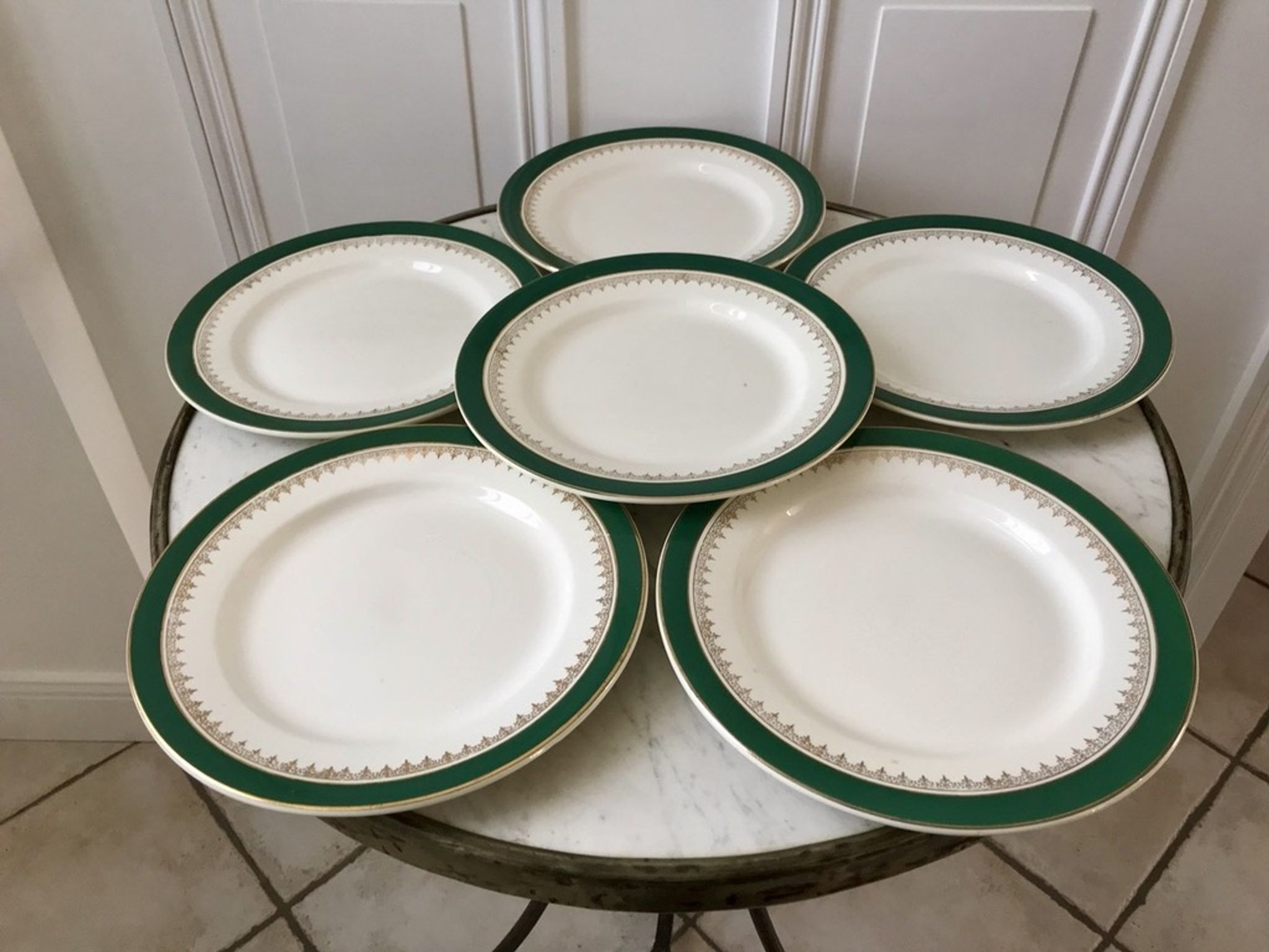 set of 6 flat plates Digoin Sarreguemines model "Martine" green and golden 50s