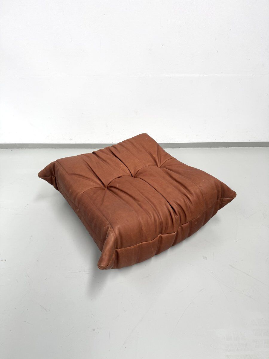 French Togo ottoman in cognac neck leather attributed to Michel Ducaroy for Ligne Roset