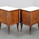Pair of mid-century Italian walnut nightstands with glass top, 1950s