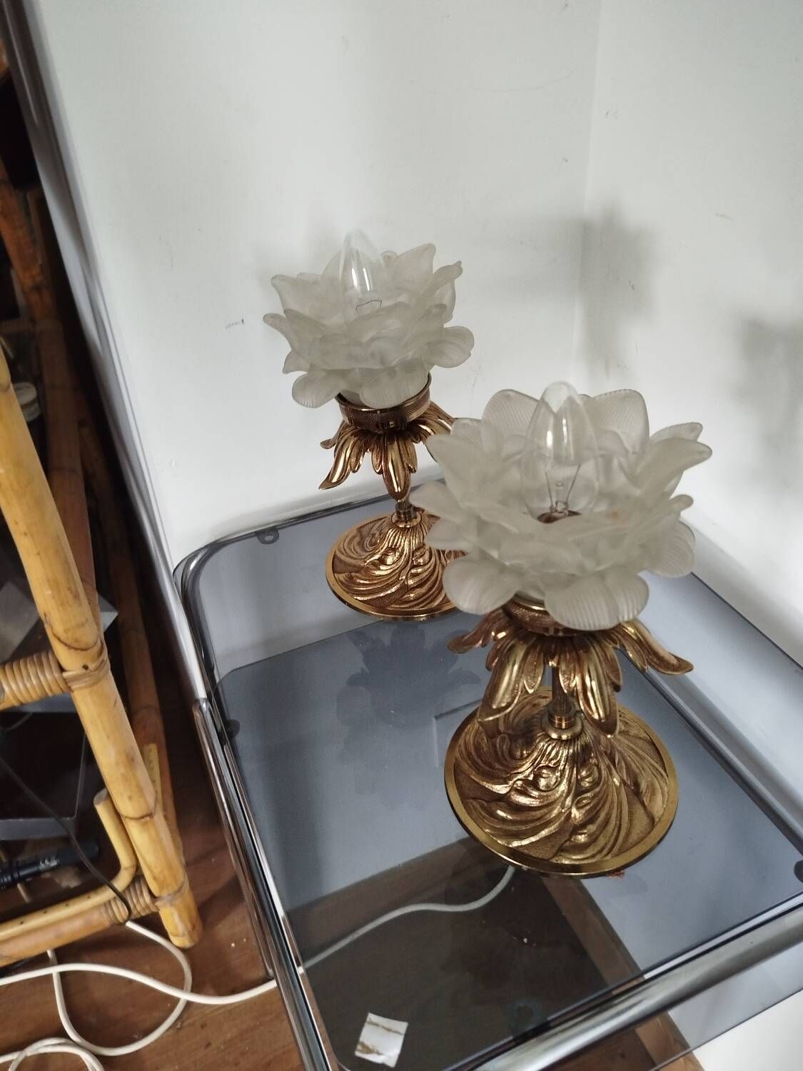 Pair of vintage floral wall lights or small pendant lights – glass deposition