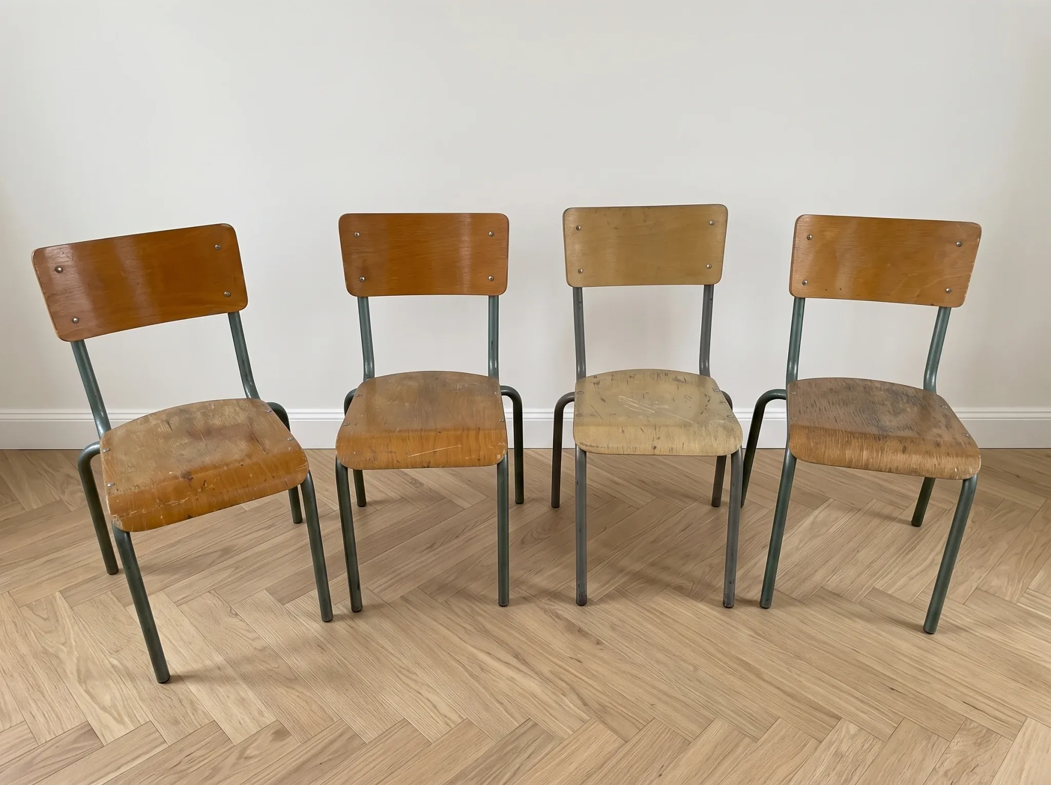 Set of 8 vintage industrial workshop chairs