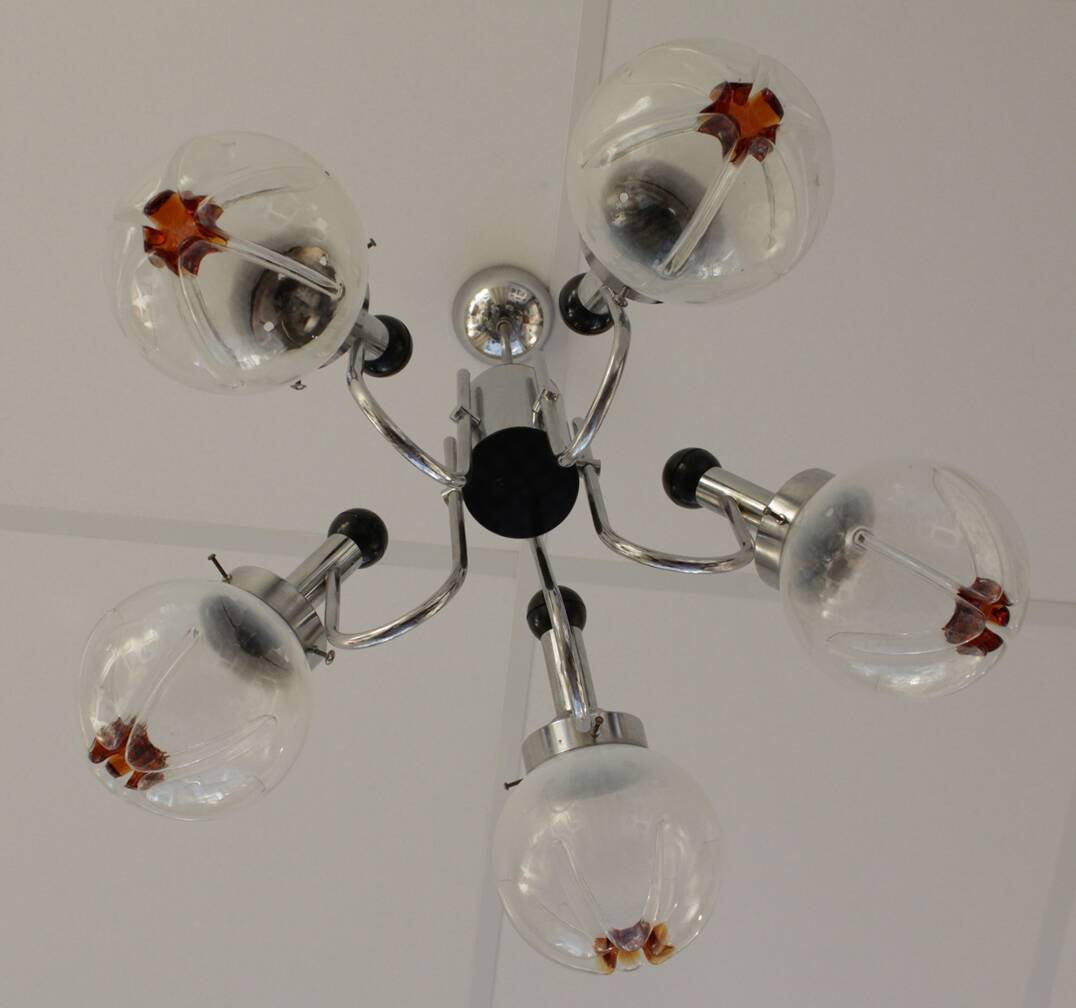 Chandelier with 5 arms of lights, Mazzega style, 1970