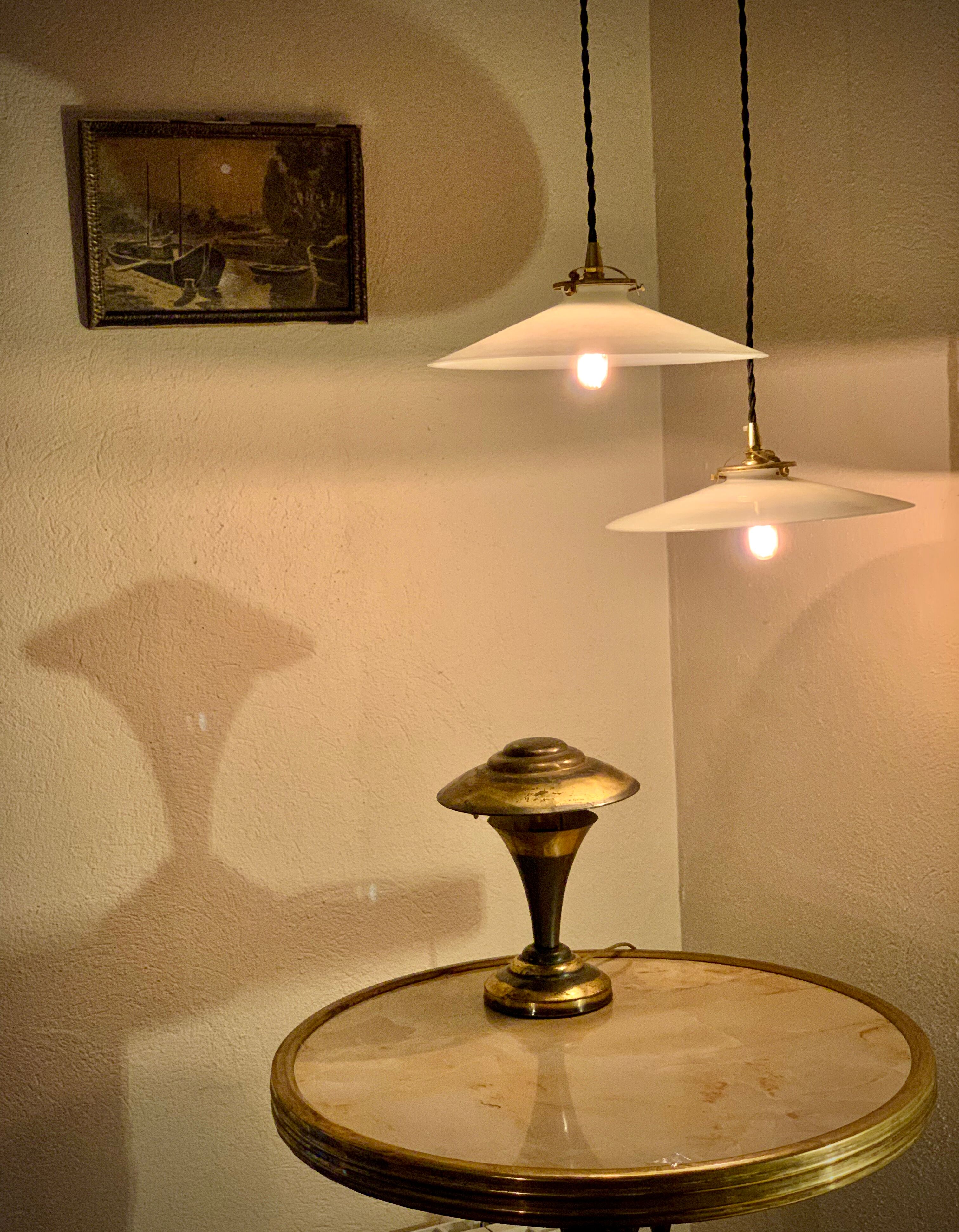 Pair of suspensions bistrot 1920 opaline indus