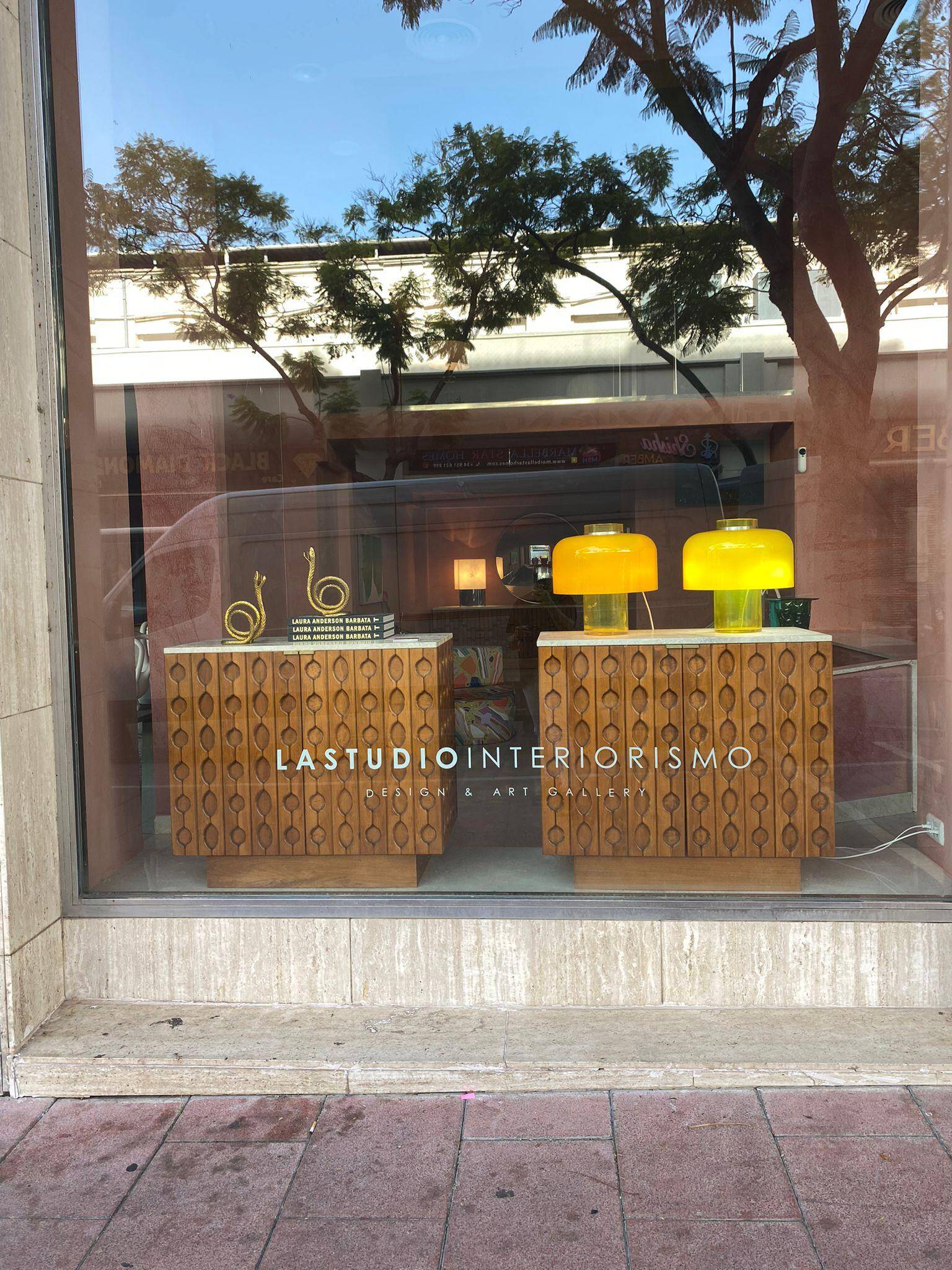 Contemporary Pair of Italian Sideboards Made of Solid Wood and Travertine