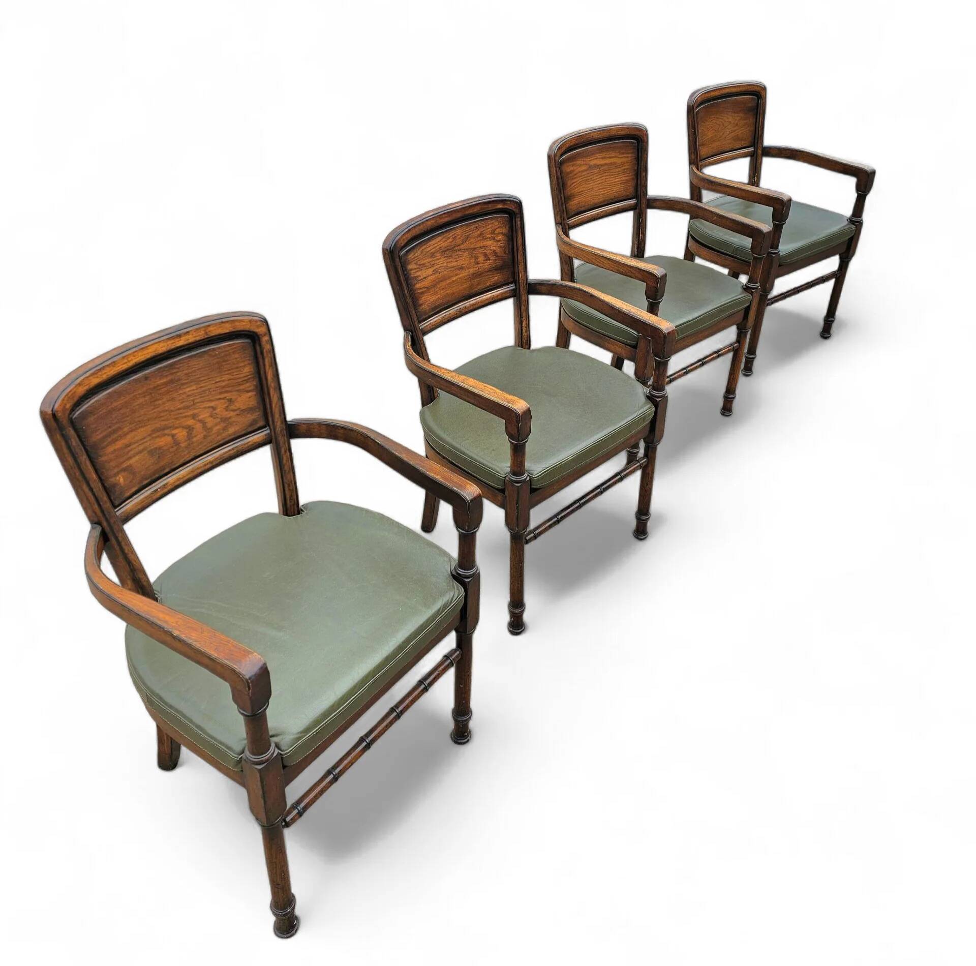 4 x RAC Royal English dining chairs / green leather cushions