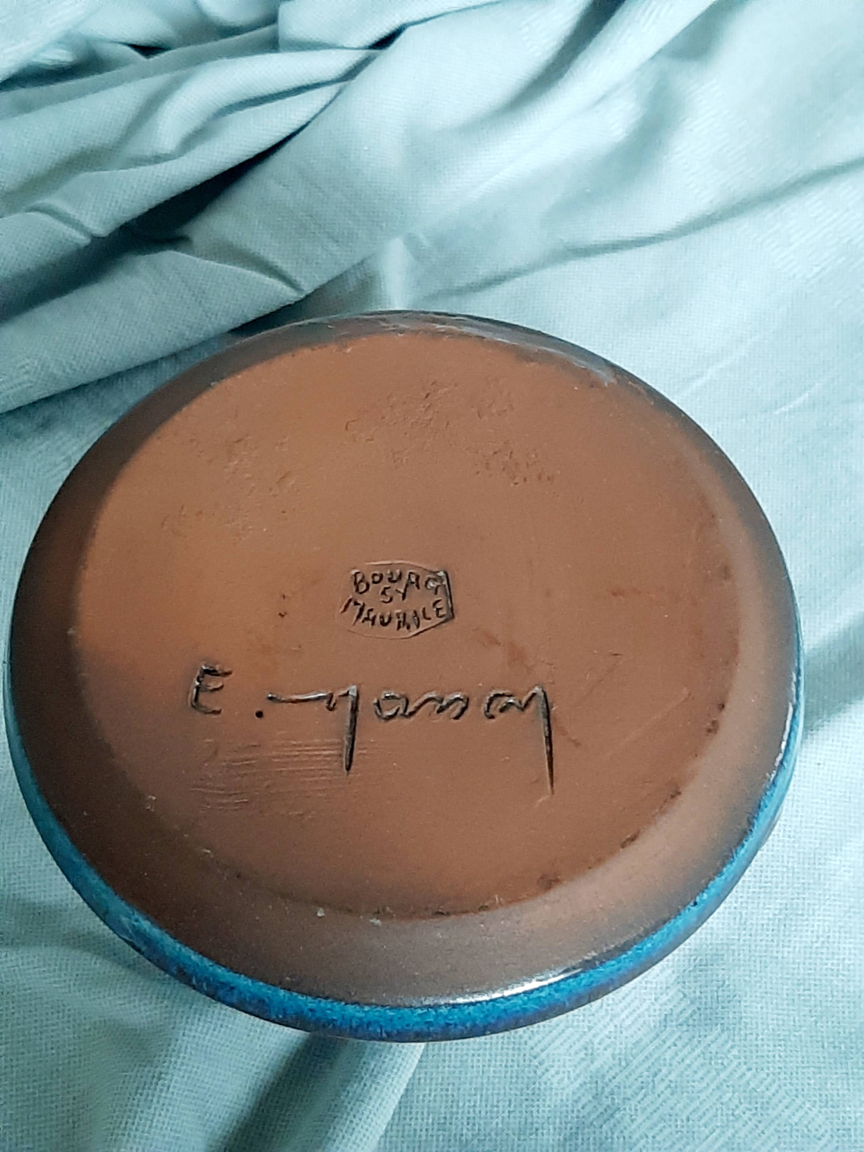 Blue stoneware candlestick signed Emile Masson