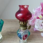 Set of two old coloured glass oil lamps Hong Kong.
