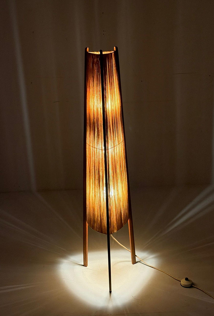 Mid-century floor lamp, sisal/teak wood, Temde, Switzerland, 1960s.
