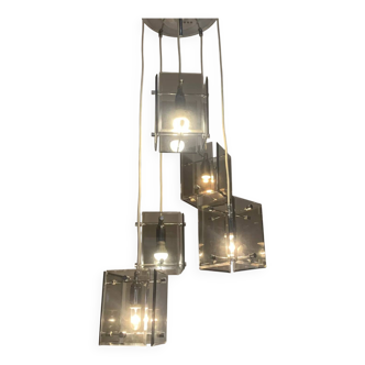 Cascade Chandelier Smoked Glass Beveled 5 Lights Italy 60's DLG Fontana A