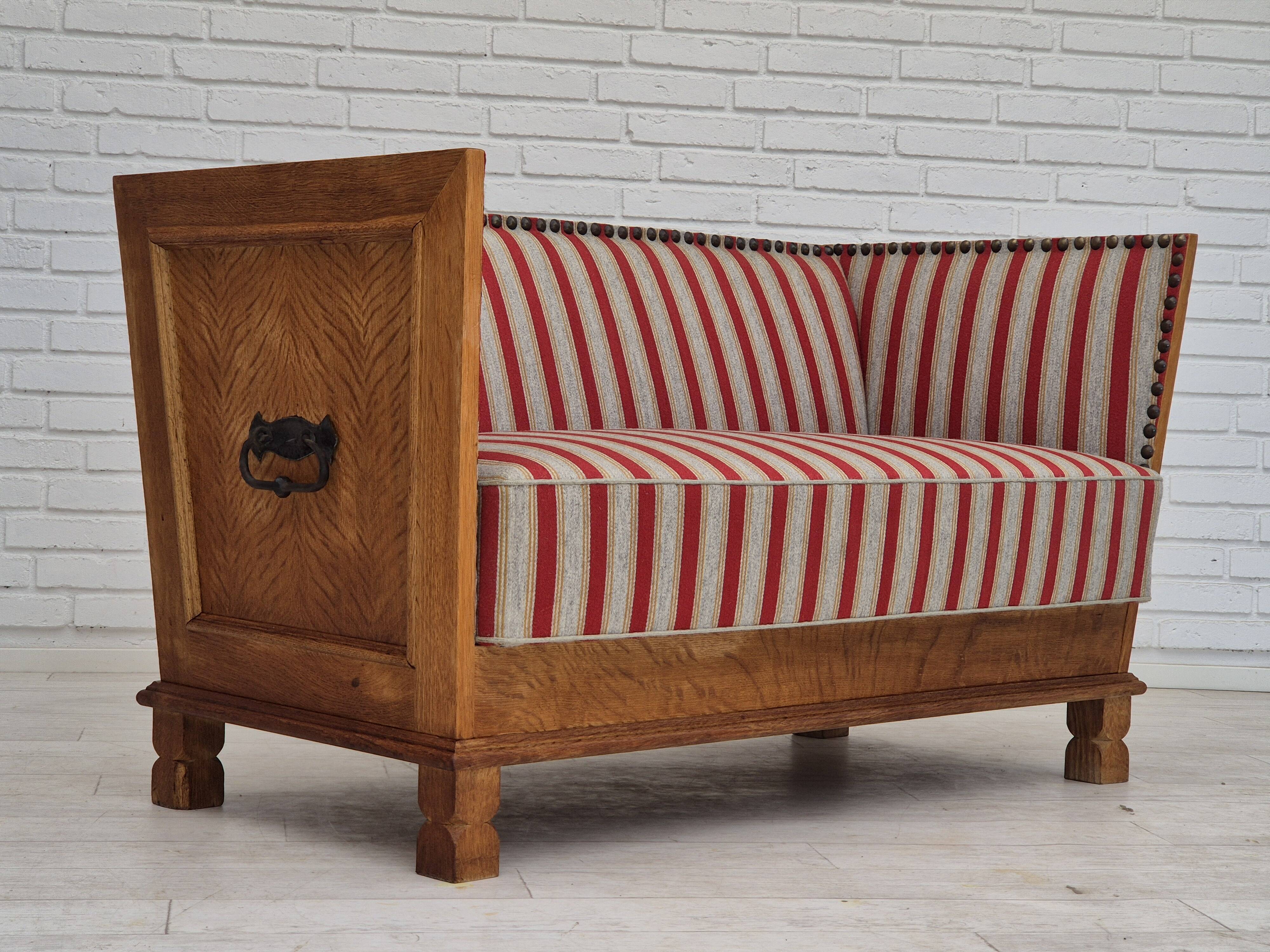 1960s, Danish 2 seater sofa, furniture wool, oak wood, orginal condition.