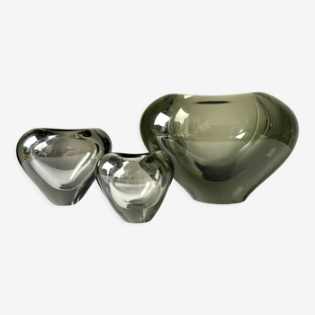 Set of 3 heart shaped Holmegaard crystal vases by Per Lutken