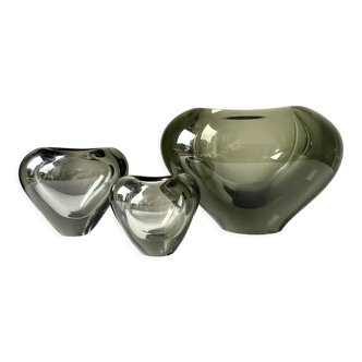 Set of 3 heart shaped Holmegaard crystal vases by Per Lutken