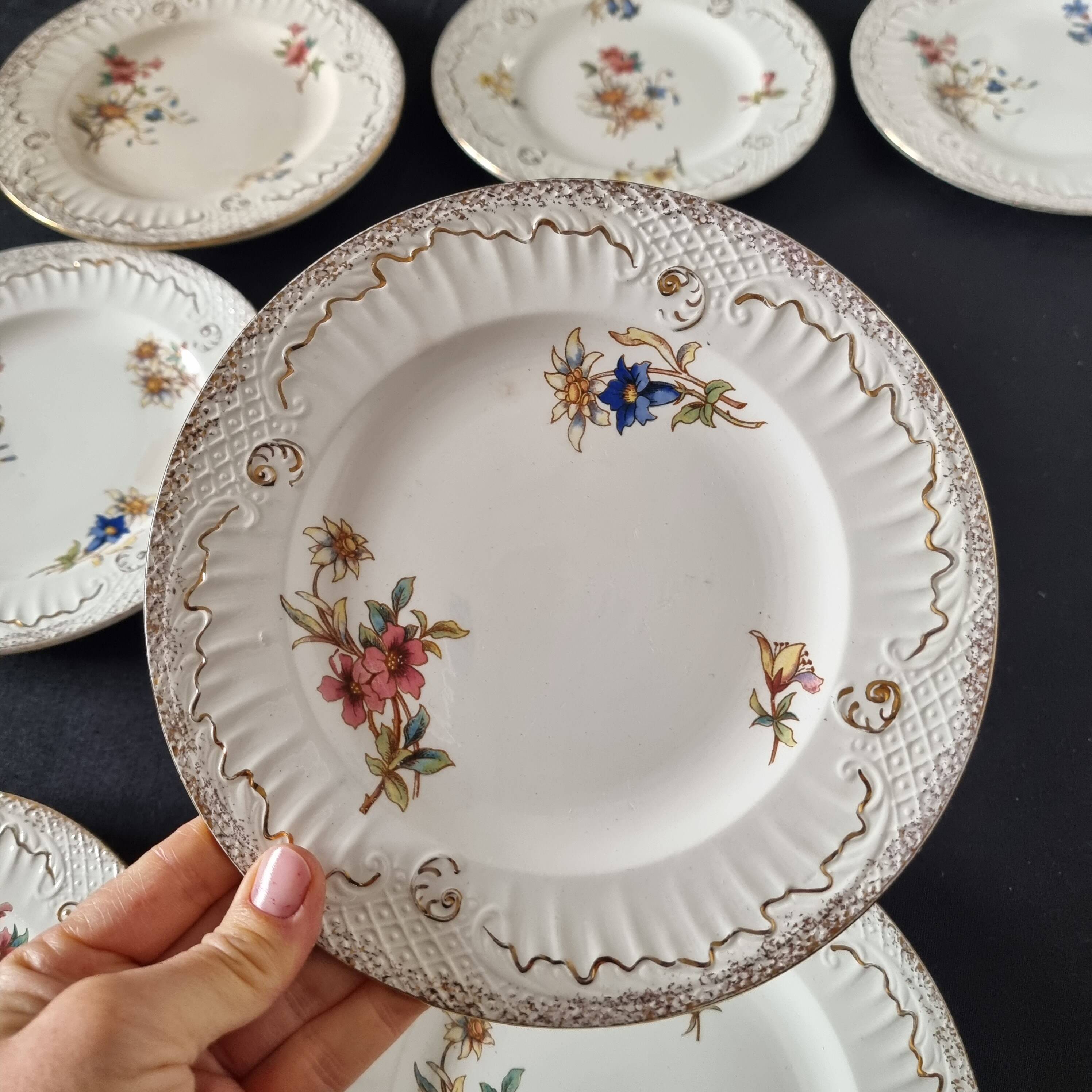 Lot de 9 assiettes anciennes en porcelaine de Sarreguemines, XIXe siècle, s