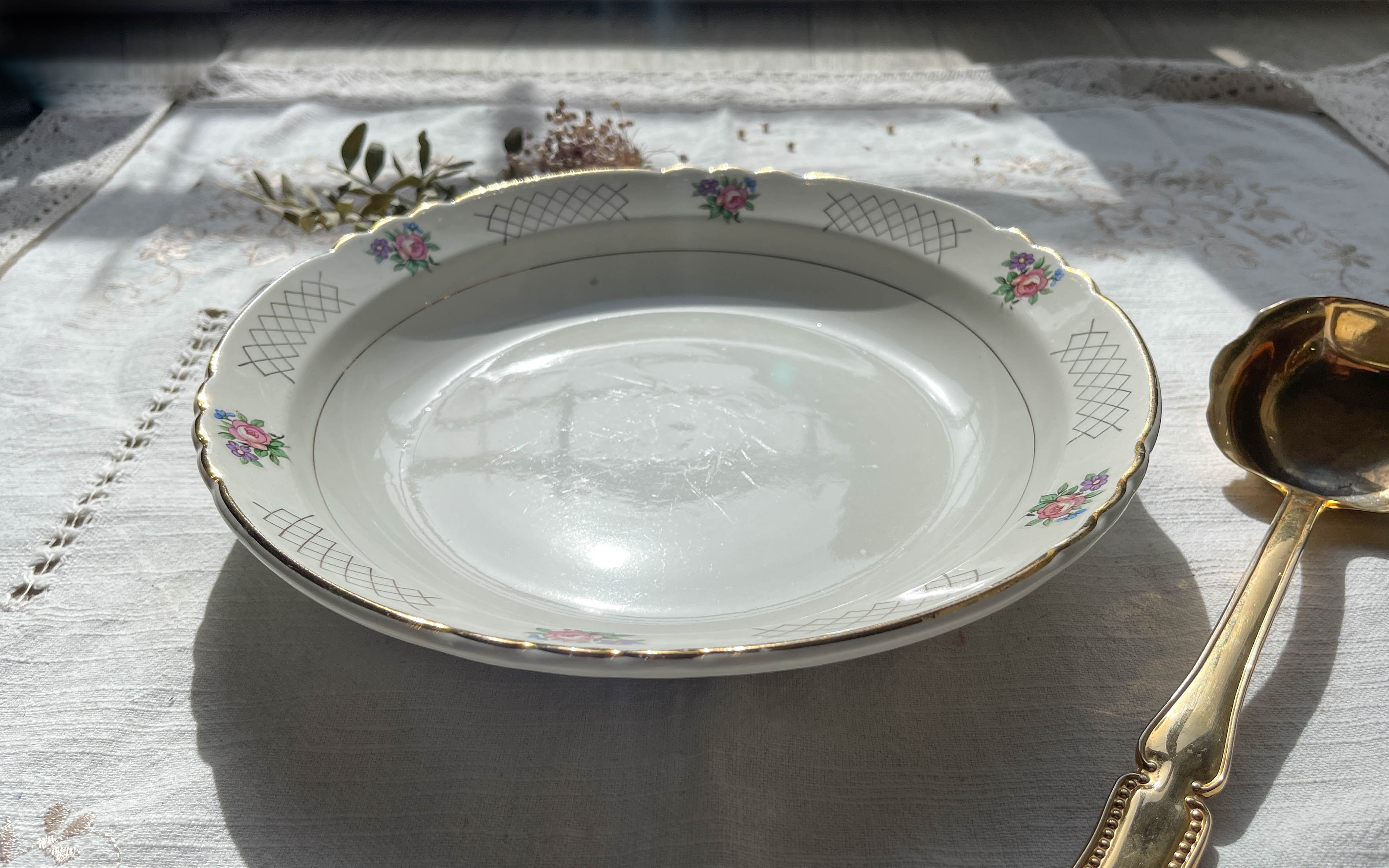 Vintage hollow dish in floral earthenware Moulin des Loups model "Cordoue"