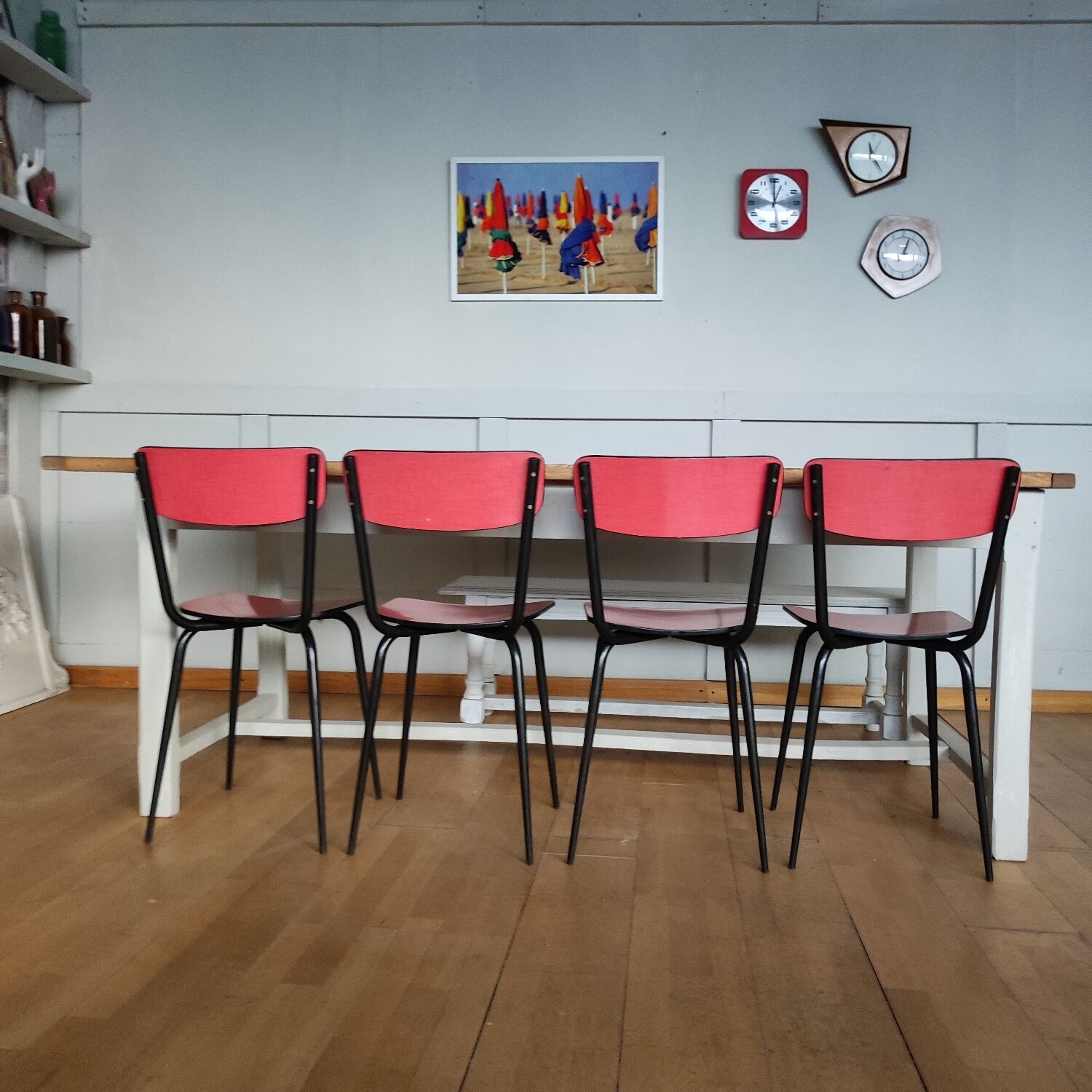 4 restored red formica chairs with black legs