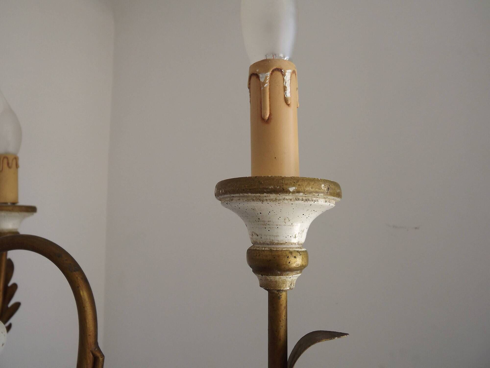 Vintage French 3-Light Chandelier White Wood & Bronzed Effect Metal
