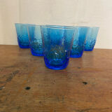 Série de 6 verres à jus verre moulé bleu décor feuilles vintage