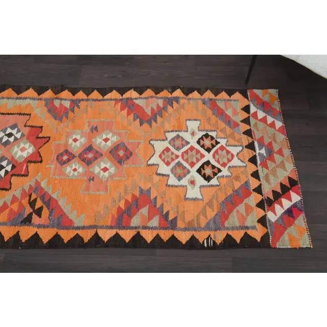 1970s Turkish Oushak Handmade Wool Cotton Orange Runner Rug 95x254