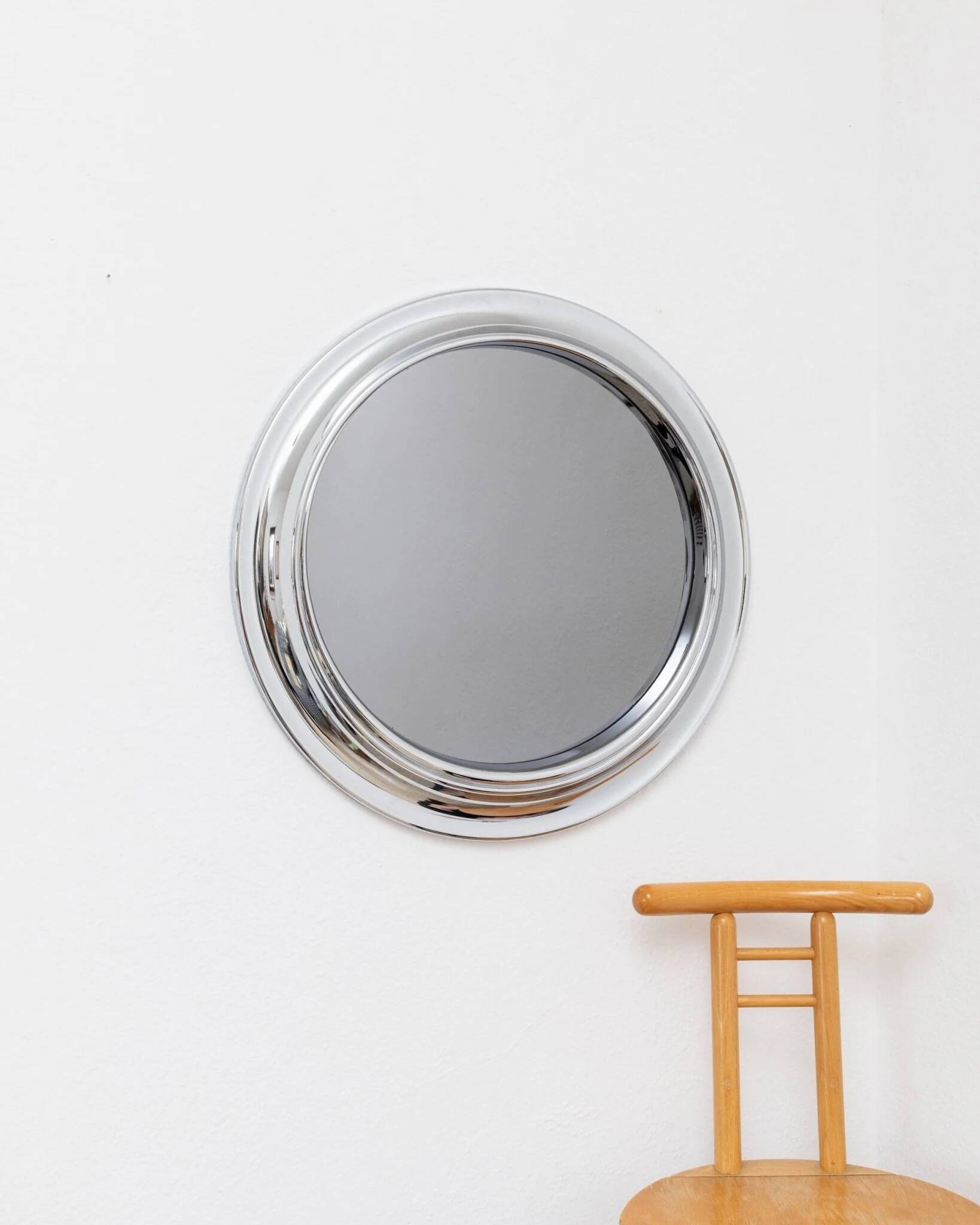 Miroir rond en chrome argenté avec verre fumé - Style Space Age italien des années 1960, 65 cm