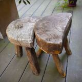 Pair of brutalist tripod stools in grayed pine. France, 1950s