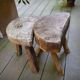 Pair of brutalist tripod stools in grayed pine. France, 1950s