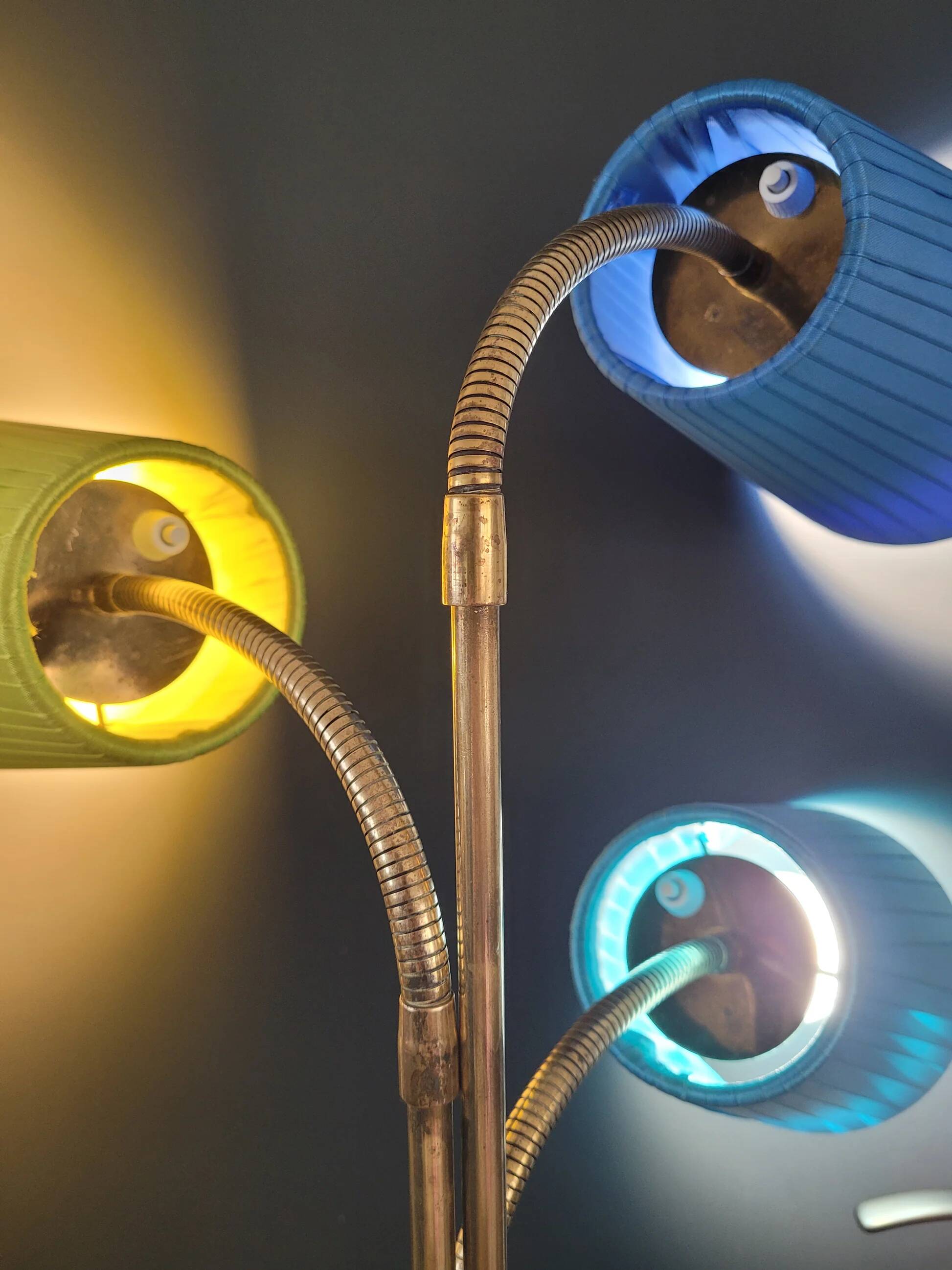 1950s three-light floor lamp with coloured shades